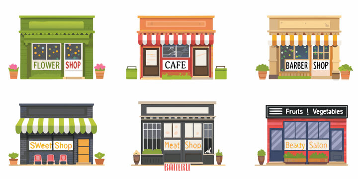Shopfront illustrations colorful vector storefronts with awnings and signage