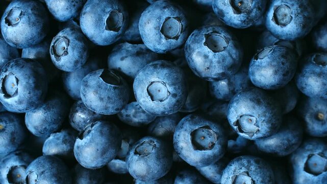 Macro top view of fresh ripe blueberries rotating, creating beautiful appetizing food background perfect for concepts of healthy eating, vitamins, and natural desserts. Fresh ripe blueberries rotating