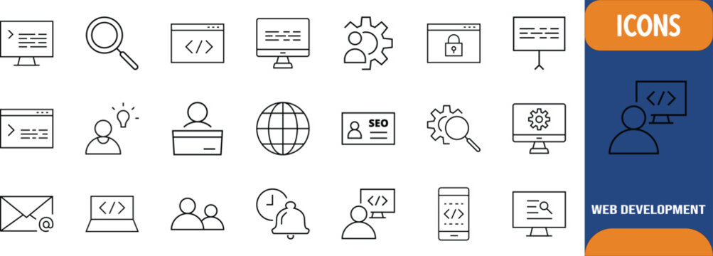 Web development and seo vector icons. code icon set, browser icon set, seo icon set