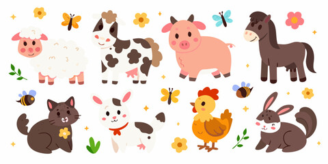 Fototapeta premium Farm Animals Collection Colorful Vector Illustration With Floral Elements