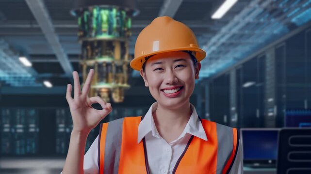 Close Up Of Asian Female Engineer With Safety Helmet Smiling And Showing Okay Gesture To The Camera While Standing at Futuristic Quantum Computer Data Center Control Room