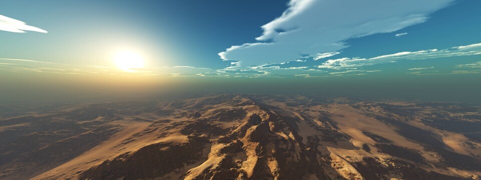 Panorama of dunes in a sandy desert, sand dunes under a blue sky, 3D rendering