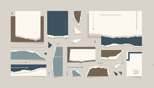 Collection of torn and ripped paper sheets in muted blue and brown tones with arrows and dotted lines.