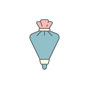 Blue icing piping bag with pink cream topping on a white background for baking and decorating concept.