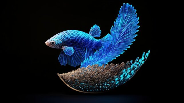 Beautiful long-finned betta fish with a bioluminescent light blue color and beautiful with peacock feather tail on a black background, creating a glowing light effect. Photorealistic.