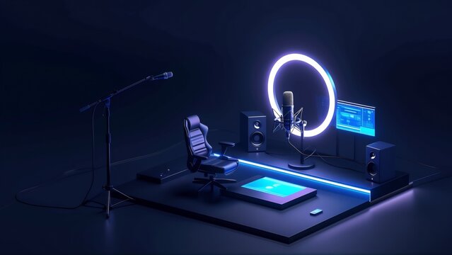 recording studio setup desk microphone desk black has computer monitor two speakers either side desk one top monitor floor microphone positioned front large circular light glowing blue also black