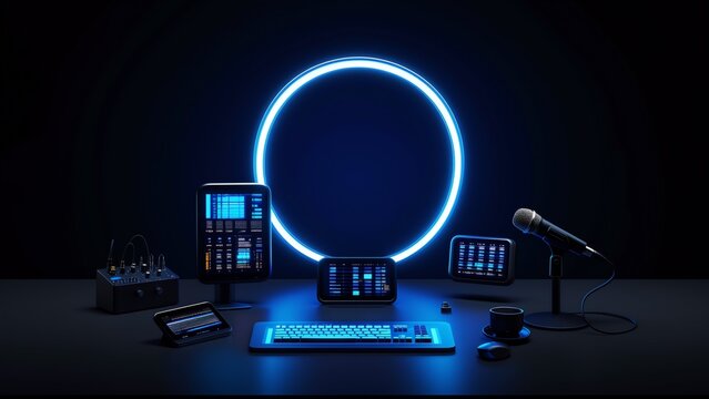 set audio equipment black background center large blue circle glowing dark around circle several electronic devices including keyboard tablet microphone mixer devices arranged way creates sense depth