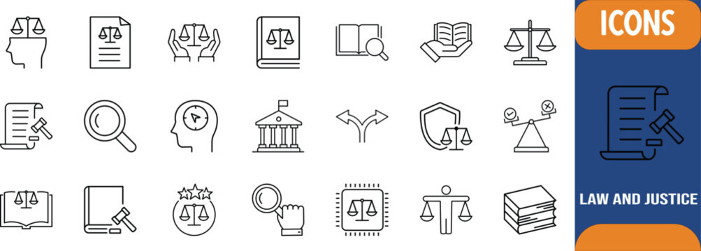 Law and justice outline icons. scales icon set, gavel icon set, document icon set