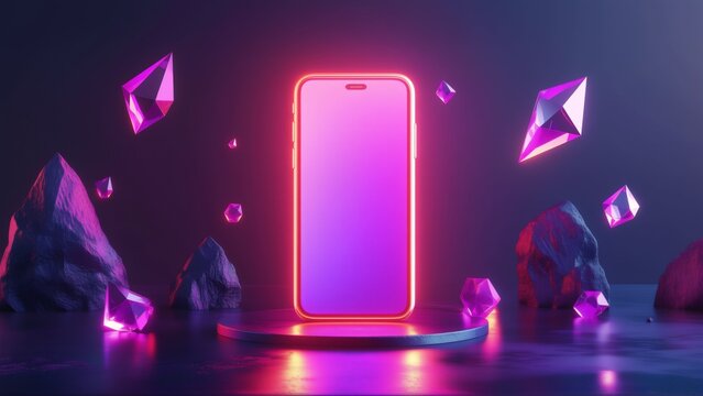 smartphone pink screen circular platform phone positioned center screen facing towards right side frame background dark several pink purple crystals scattered around phone crystals different shapes