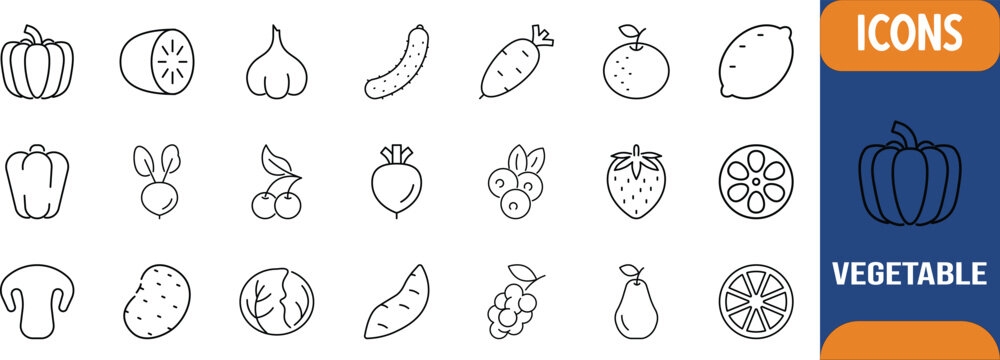 Fresh organic vegetable and fruit icons. pumpkin icon set, bell pepper icon set, carrot icon set
