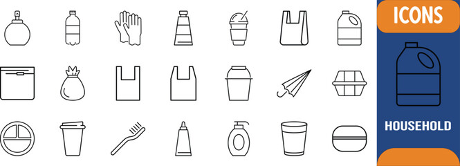 Fototapeta premium Daily household cleaning hygiene products. bottle icon set, gloves icon set, plastic bag icon set