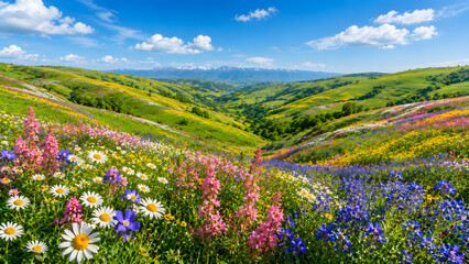 Fototapeta premium Colorful Spring Valley Filled With Wildflowers