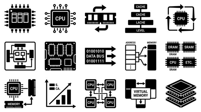 Creative Black and White Icons Set Illustrating Computer CPU Memory Cache and Data Bus Concepts