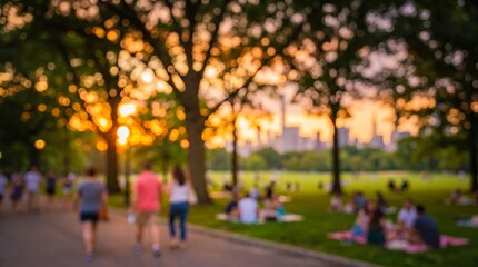 Obraz premium Blurred city park landscape with people walking and relaxing on grass during golden hour sunset light with urban skyline background and soft bokeh atmosphere for lifestyle backgrounds
