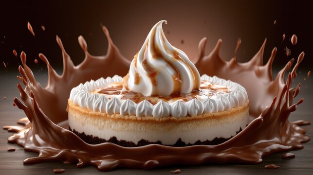 Whipped cream cheesecake splashing into pool of chocolate.