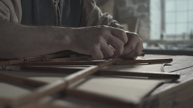 Hands of a medieval inventor tying a knot on wooden frame joints of a flying machine wing model inside a craftsman workshop 
