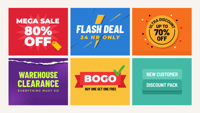 Set of six vibrant sale and discount banner designs with retro pixel style