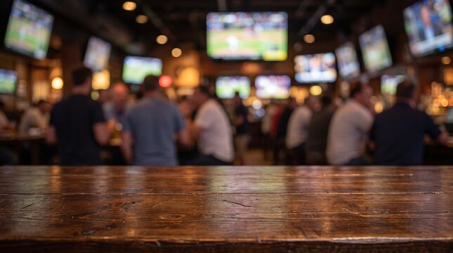 Rustic wooden bar counter surface in front of blurred sports pub interior with patrons watching television screens during busy evening social gathering and drinking atmosphere