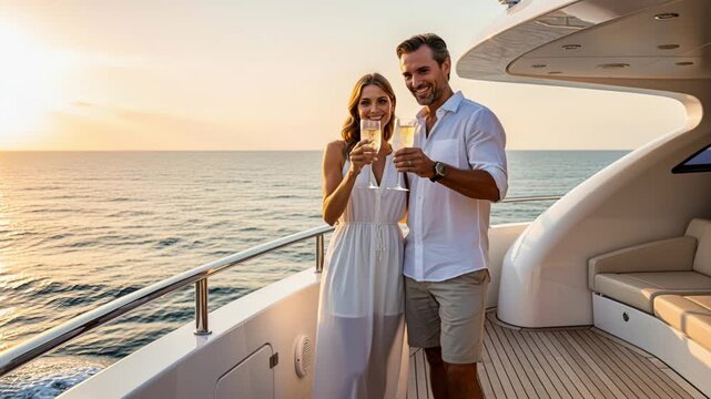 Happily Married Couple Toasting Champagne During Sunset at Sea