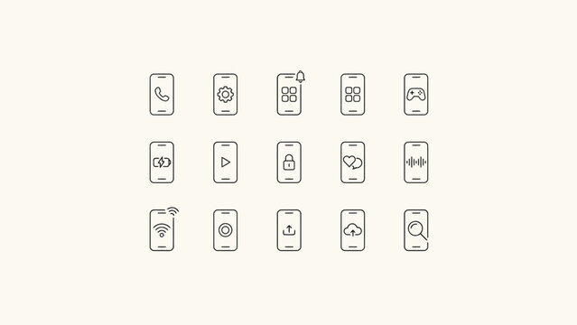 Set of fifteen minimalist smartphone app icons in a grid layout
