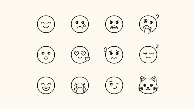 Set of twelve simple emotion and animal expression faces in black and white line art style