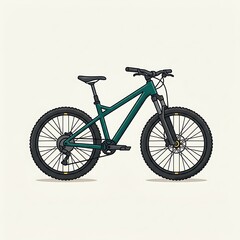 Fototapeta premium Flat of a dark teal mountain bike with black tires and spokes, isolated on a light cream background, for cycling enthusiasts