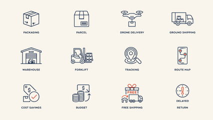 Fototapeta premium Set of twelve minimalist icons representing logistics and shipping services