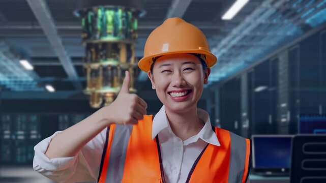 Close Up Of Asian Female Engineer With Safety Helmet Smiling And Showing Thumbs Up Gesture To The Camera While Standing at Futuristic Quantum Computer Data Center Control Room