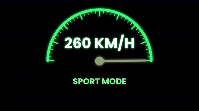 Digital speedometer showing 260 KM/H in sport mode, green glowing car dashboard interface, high speed performance racing gauge on black background