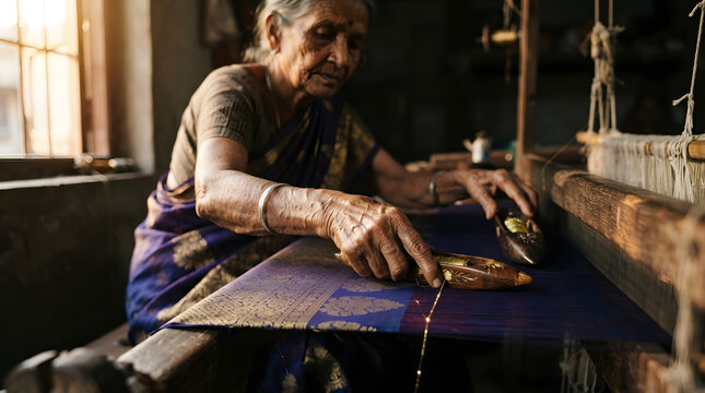 Elderly Indian Woman Weaving on Traditional Wooden Handloom