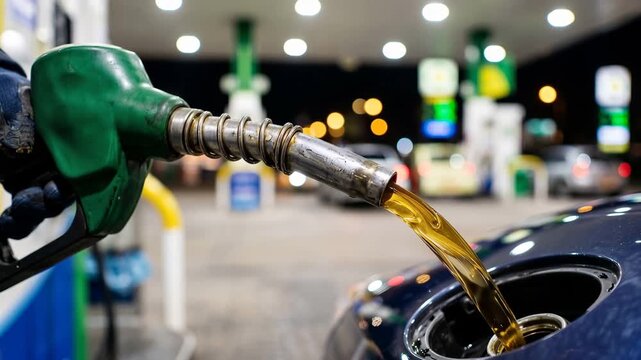 Closeup of a fuel nozzle pumping gasoline into a car tank at a gas station at night 4k video