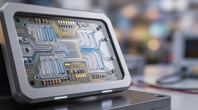 MedTech bio sensing diagnostics microfluidic chip 3D illustration with copy space
