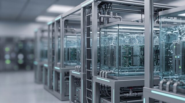 Premium liquid immersion cooling AI data center facility 3D illustration with copy space