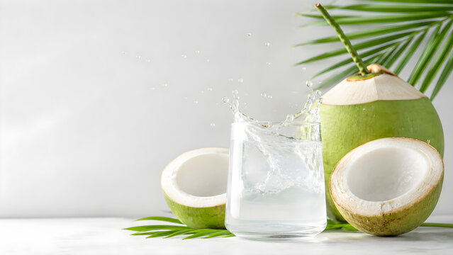 Refreshing coconut water splash with young coconut and glass