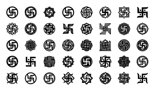 Traditional Religious Swastika and Ancient Spiritual Symbol Icon Set Featuring Eastern Cultural Ornaments for Hindu Buddhist Jain Temple Devotional Graphic Art Media Designs