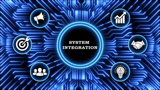 System integration services concept with animated icons over a circuit board background.