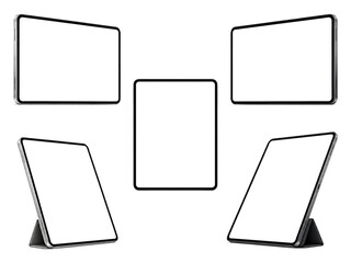 Digital tablet mockup set. Multiple perspective views of blank screens with stands isolated on transparent background. © Abdur