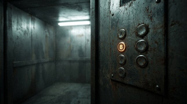 Abandoned and rusty old elevator interior with glowing orange button in a dark, creepy atmospheric setting.