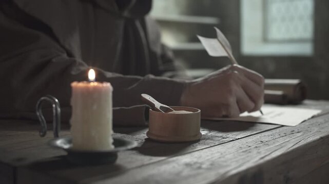 Hands of a medieval copyist with a wooden scoop scattering drying sand onto a calligraphy manuscript page next to a burning candle on a rustic table surface, inside a monastery scriptorium