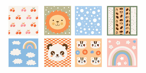 adorable pastel colored nursery wall art collection featuring animals fruits rainbows lion panda squirrel apple peach clouds © Rina