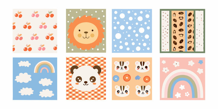 adorable pastel colored nursery wall art collection featuring animals fruits rainbows lion panda squirrel apple peach clouds