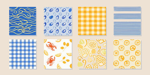 collection of eight retro patterns featuring lemons crabs and checkered designs illustration vector food italian lifestyle blue © Rina