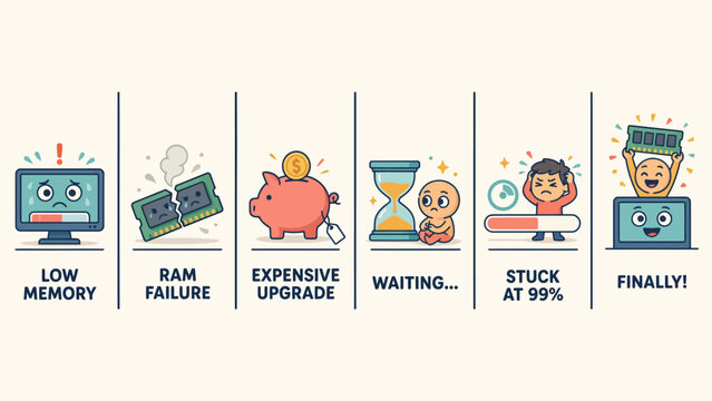 Frustrated computer upgrade process illustrated in cartoon style