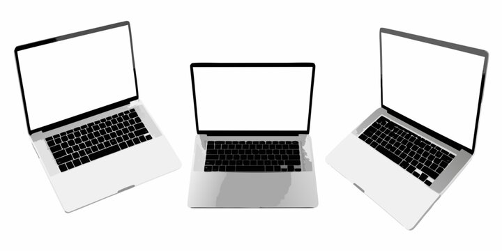 three silver laptops with blank screens on white background mockups computers devices technology vector illustration graphic design