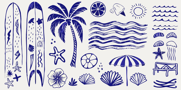 hand drawn blue summer beach doodles on white background surfboards palm tree waves umbrella shells starfish jellyfish
