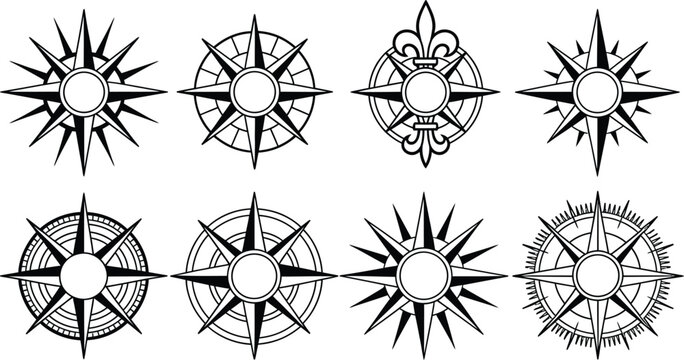 Collection of nautical compass rose icons for map and navigation design.