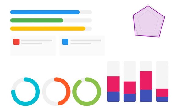 Animated Business Data Dashboard with Infographic Elements, Bar Charts, and Radar Chart on White