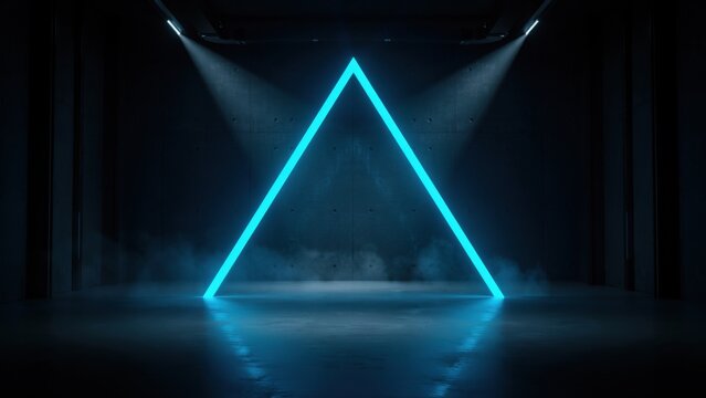 Abstract neon triangle light frame in dark concrete room with fog