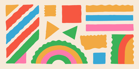 vibrant collection of torn paper shapes in bright colors on beige background abstract art geometric forms rainbow © Rina