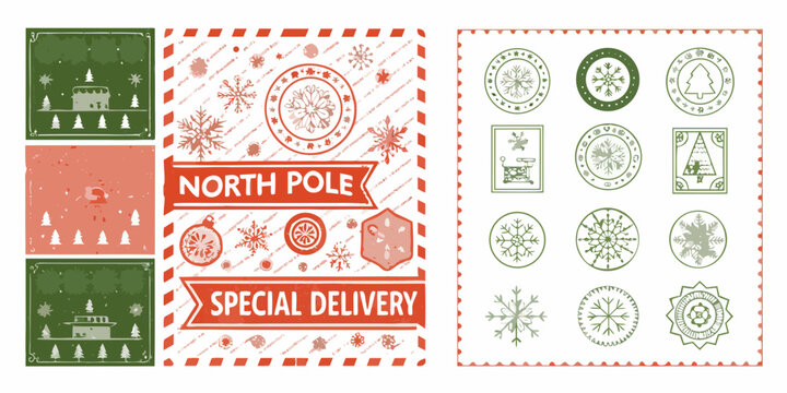vintage style christmas postage stamps and postcards collage north pole special delivery snowflakes winter scene holiday design